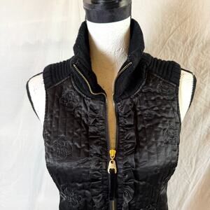Vintage Guess Jeans Womens S Black Vest Quilted Multi Fabric Sweater High Collar